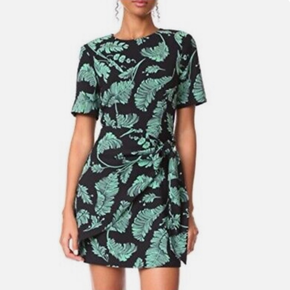 Cinq A Sept Black and Teal Bia Leaf Print Wrap Dress Women’s size 2